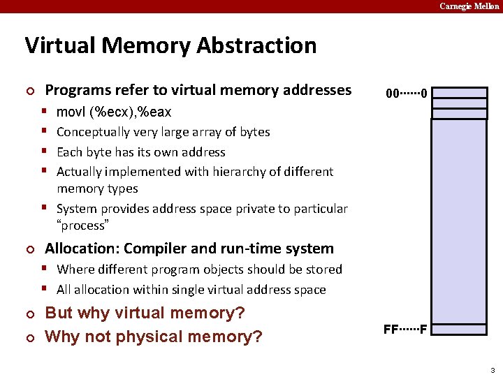 Carnegie Mellon Virtual Memory Abstraction ¢ Programs refer to virtual memory addresses 00∙∙∙∙∙∙ 0