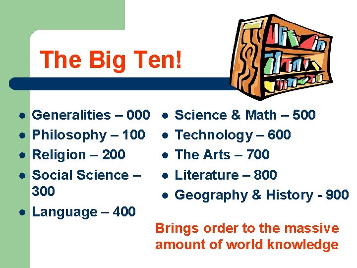The Big Ten! l l l Generalities – 000 Philosophy – 100 Religion –