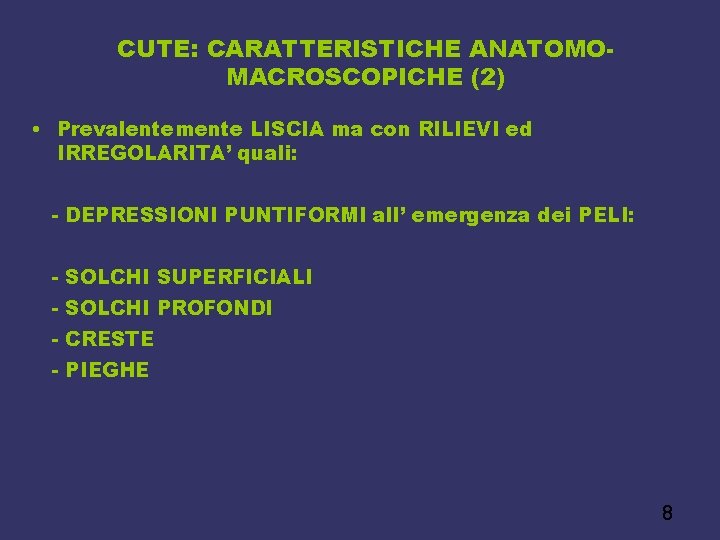 CUTE: CARATTERISTICHE ANATOMOMACROSCOPICHE (2) • Prevalentemente LISCIA ma con RILIEVI ed IRREGOLARITA’ quali: -