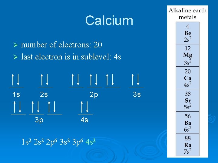 Calcium number of electrons: 20 Ø last electron is in sublevel: 4 s Ø