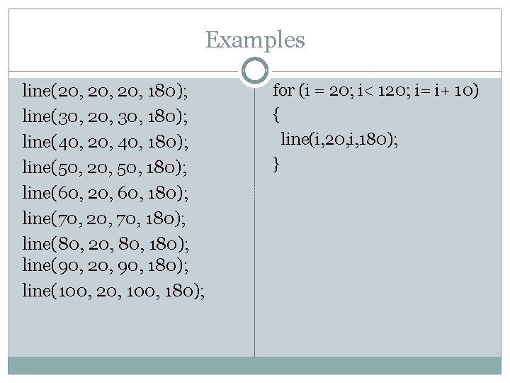 Examples line(20, 20, 180); line(30, 20, 30, 180); line(40, 20, 40, 180); line(50, 20,