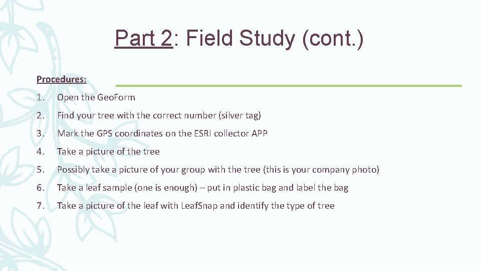 Part 2: Field Study (cont. ) Procedures: 1. Open the Geo. Form 2. Find