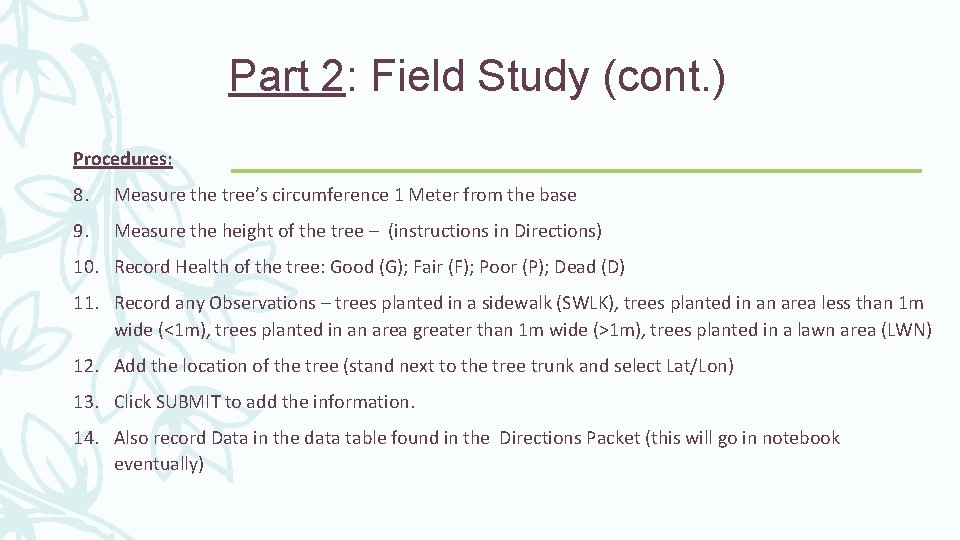 Part 2: Field Study (cont. ) Procedures: 8. Measure the tree’s circumference 1 Meter