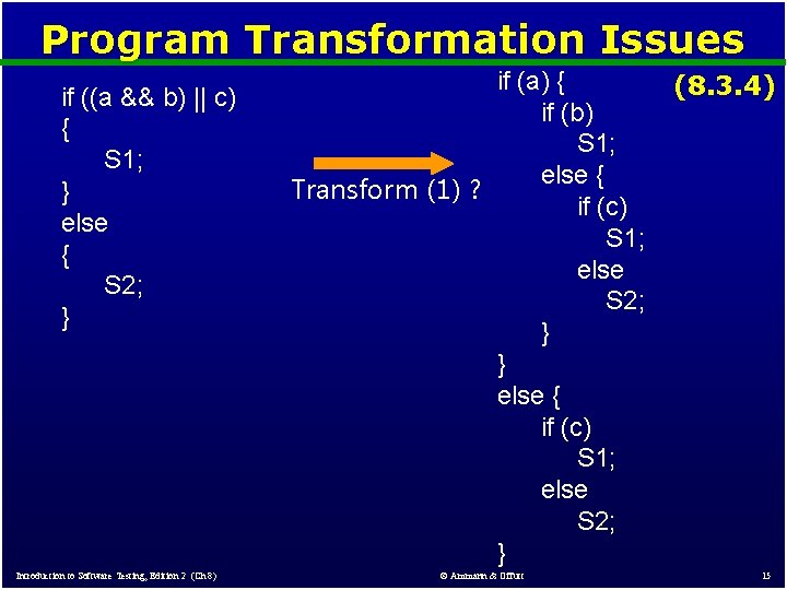 Program Transformation Issues if ((a && b) || c) { S 1; } else