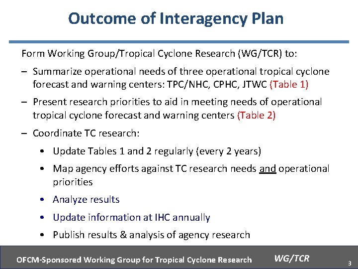 Outcome of Interagency Plan Form Working Group/Tropical Cyclone Research (WG/TCR) to: – Summarize operational