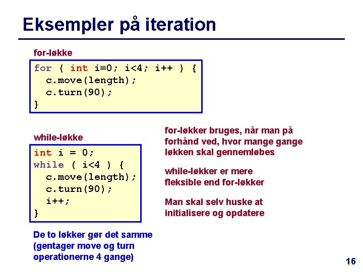 Eksempler på iteration for-løkke for ( int i=0; i<4; i++ ) { c. move(length);