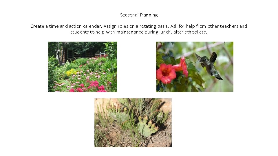 Seasonal Planning Create a time and action calendar. Assign roles on a rotating basis.