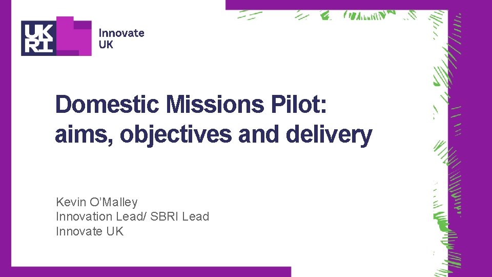 Domestic Missions Pilot: aims, objectives and delivery Kevin O’Malley Innovation Lead/ SBRI Lead Innovate