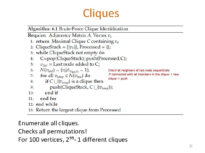 Cliques Check all neighbors of last node sequentially if connected with all members in