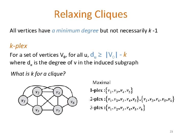 Relaxing Cliques All vertices have a minimum degree but not necessarily k -1 k-plex