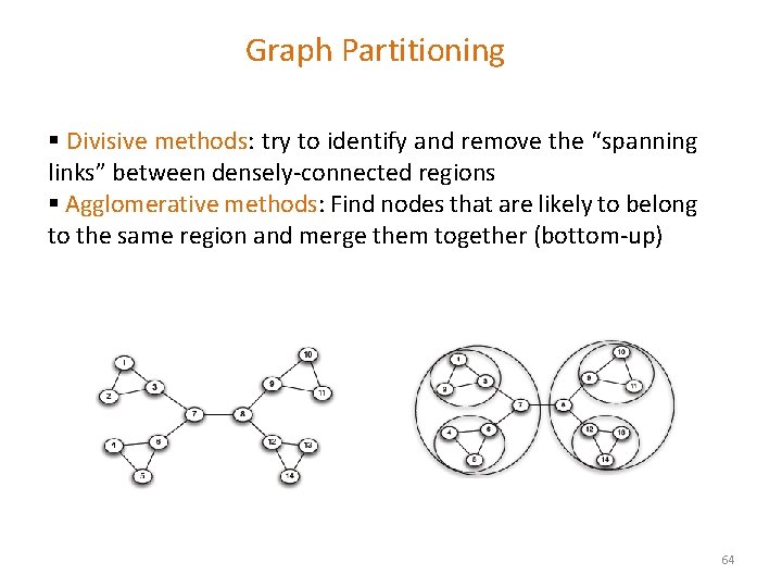 Graph Partitioning § Divisive methods: try to identify and remove the “spanning links” between