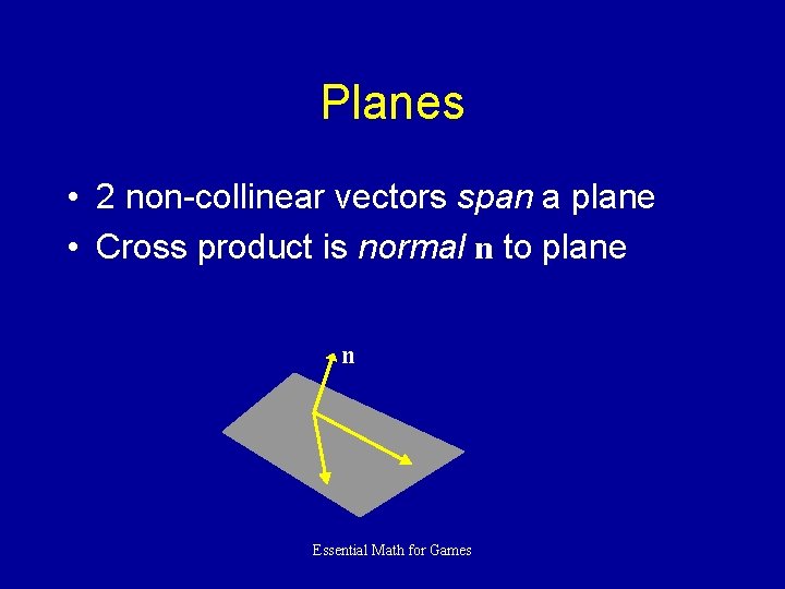 Planes • 2 non-collinear vectors span a plane • Cross product is normal n