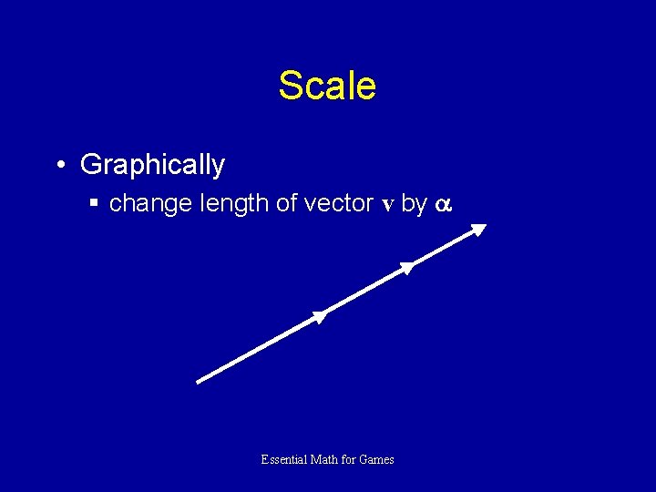 Scale • Graphically § change length of vector v by Essential Math for Games