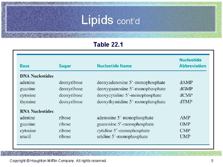Lipids cont’d Table 22. 1 Copyright © Houghton Mifflin Company. All rights reserved. 5