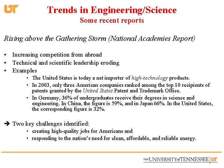 Trends in Engineering/Science Some recent reports Rising above the Gathering Storm (National Academies Report)
