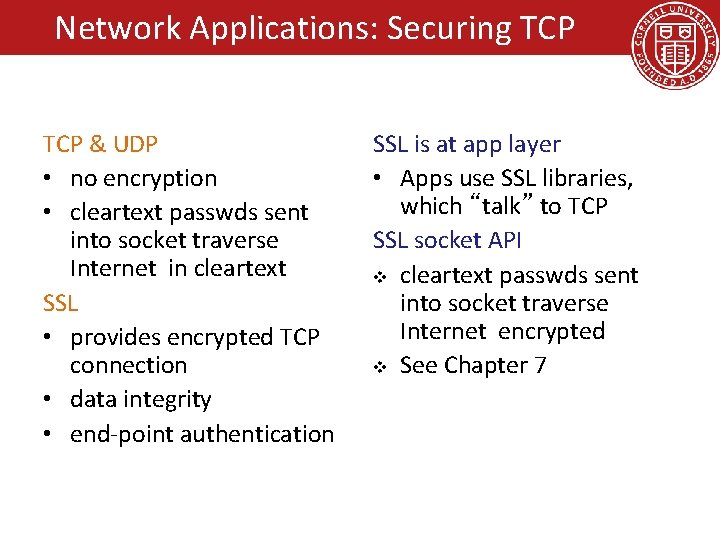 Network Applications: Securing TCP & UDP • no encryption • cleartext passwds sent into