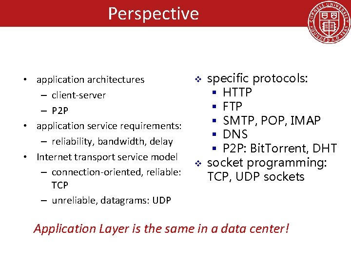 Perspective • application architectures – client-server – P 2 P • application service requirements: