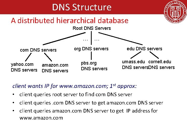 DNS Structure A distributed hierarchical database Root DNS Servers … com DNS servers yahoo.