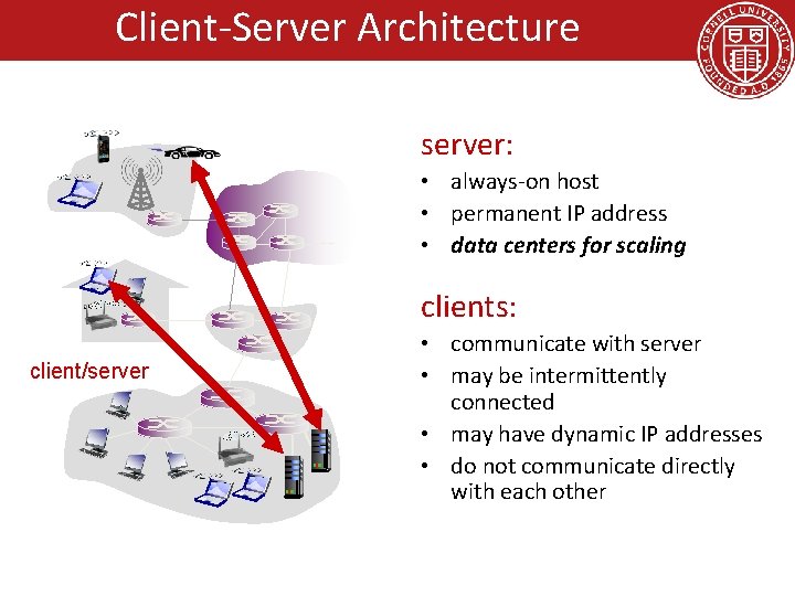 Client-Server Architecture server: • always-on host • permanent IP address • data centers for