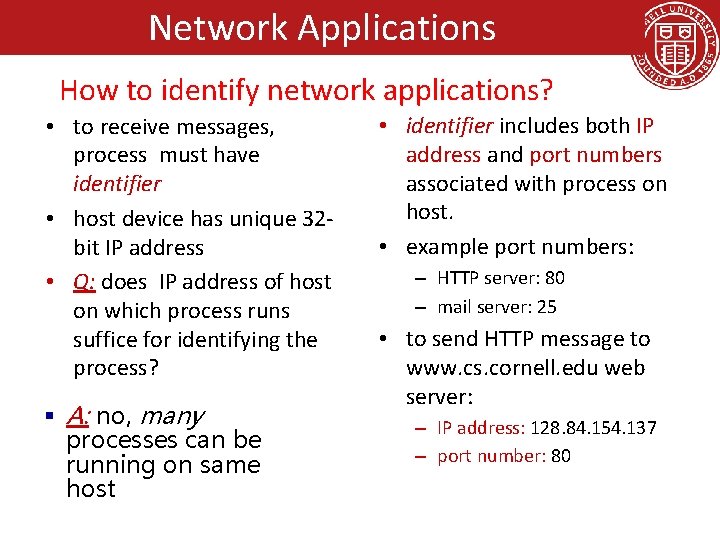 Network Applications How to identify network applications? • to receive messages, process must have