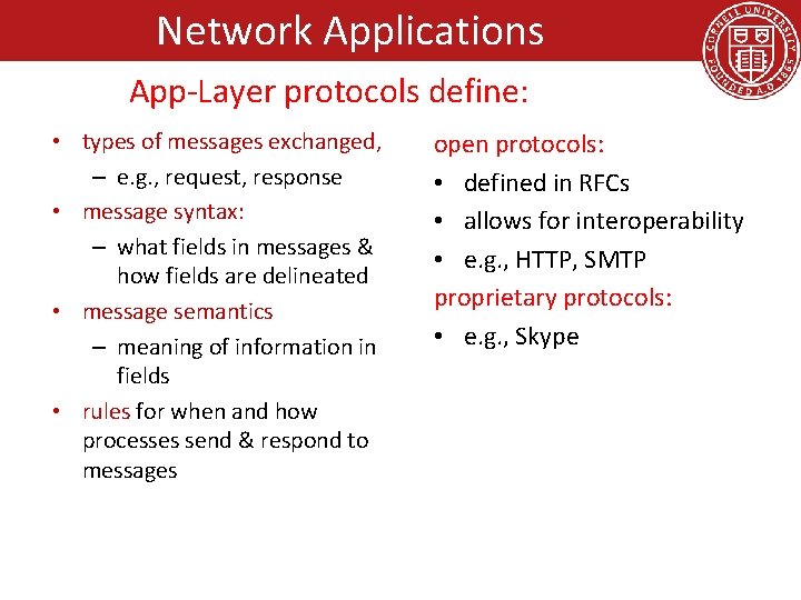 Network Applications App-Layer protocols define: • types of messages exchanged, – e. g. ,