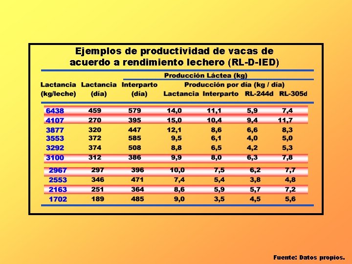 Ejemplos de productividad de vacas de acuerdo a rendimiento lechero (RL-D-IED) Fuente: Datos propios.