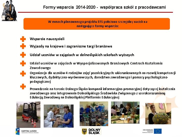 Formy wsparcia 2014 -2020 - współpraca szkół z pracodawcami W ramach planowanego projektu EFS Formy wsparcia 2014 -2020 - współpraca szkół z pracodawcami W ramach planowanego projektu EFS