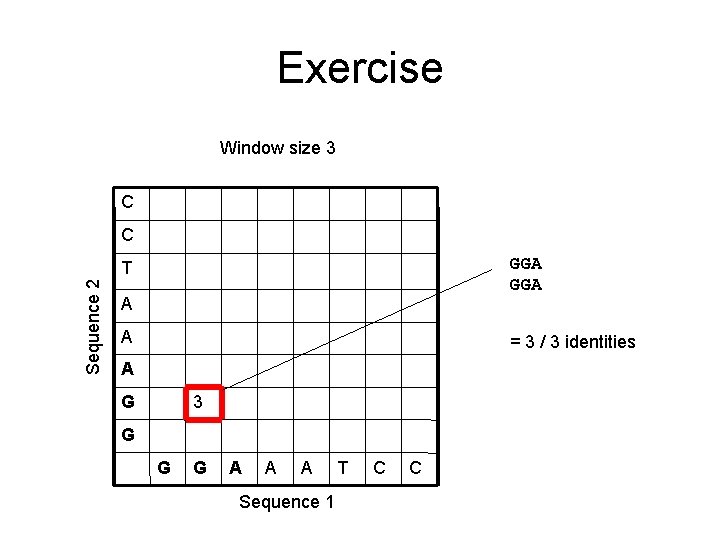 Exercise Window size 3 C C GGA Sequence 2 T A A = 3