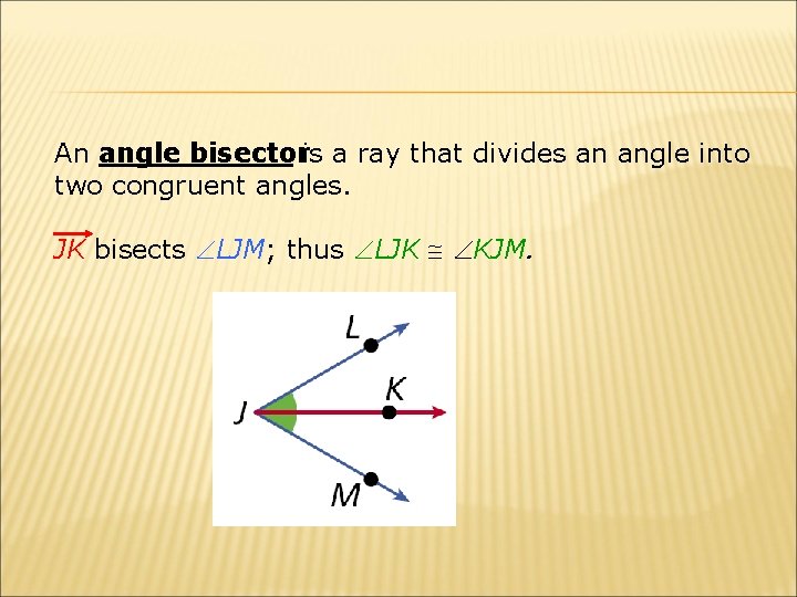 An angle bisectoris a ray that divides an angle into two congruent angles. JK