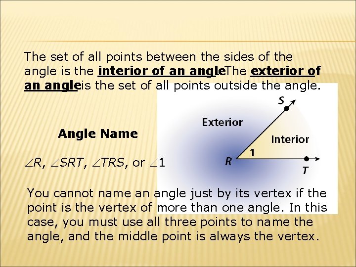 The set of all points between the sides of the angle is the interior