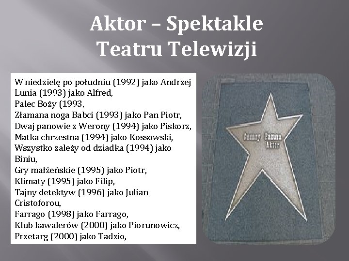 Aktor – Spektakle Teatru Telewizji W niedzielę po południu (1992) jako Andrzej Lunia (1993)
