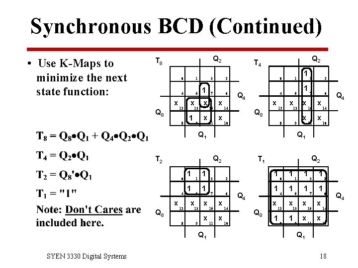 Synchronous BCD (Continued) • Use K-Maps to minimize the next state function: Q 2