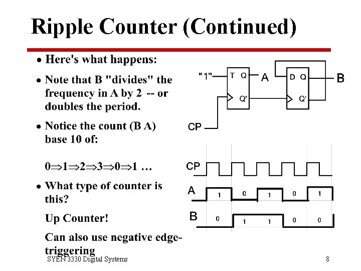 Ripple Counter (Continued) SYEN 3330 Digital Systems 8 