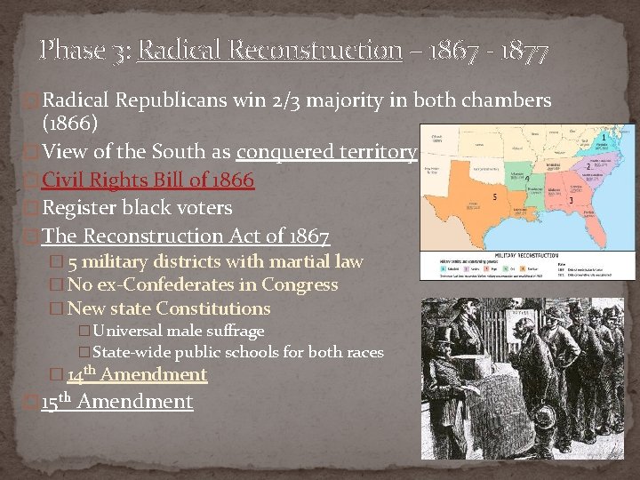 Phase 3: Radical Reconstruction – 1867 - 1877 � Radical Republicans win 2/3 majority