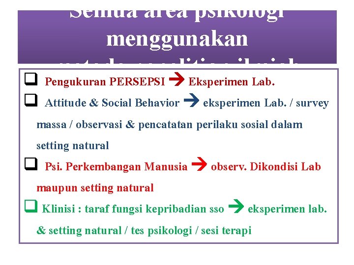 Semua area psikologi menggunakan metode penelitian ilmiah q Pengukuran PERSEPSI Eksperimen Lab. q Attitude