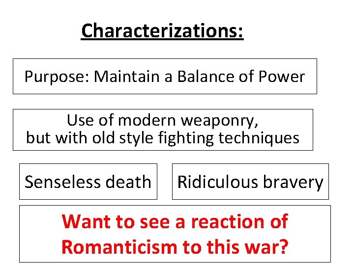 Characterizations: Purpose: Maintain a Balance of Power Use of modern weaponry, but with old