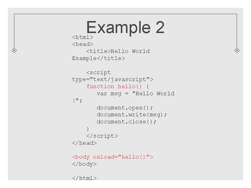 Example 2 <html> <head> <title>Hello World Example</title> <script type="text/javascript"> function hello() { var msg
