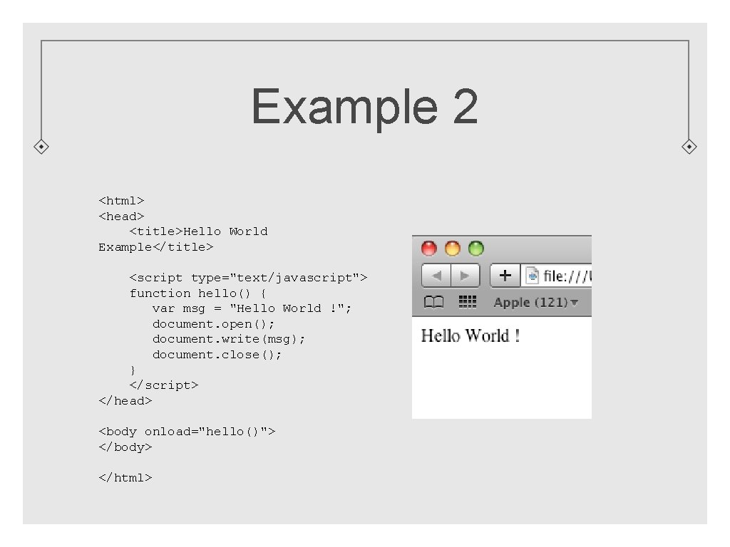 Example 2 <html> <head> <title>Hello World Example</title> <script type="text/javascript"> function hello() { var msg