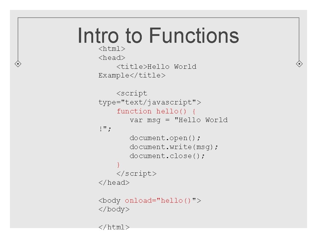Intro to Functions <html> <head> <title>Hello World Example</title> <script type="text/javascript"> function hello() { var