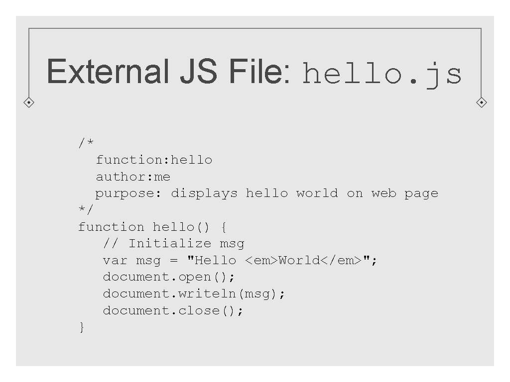 External JS File: hello. js /* function: hello author: me purpose: displays hello world