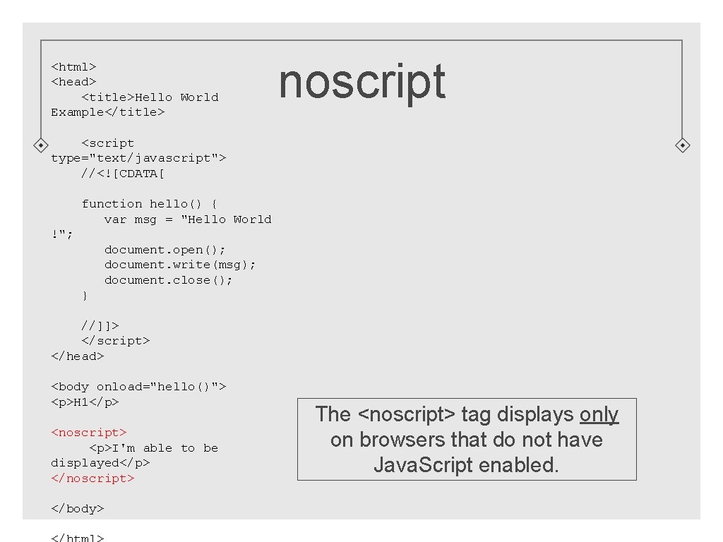 <html> <head> <title>Hello World Example</title> noscript <script type="text/javascript"> //<![CDATA[ function hello() { var msg