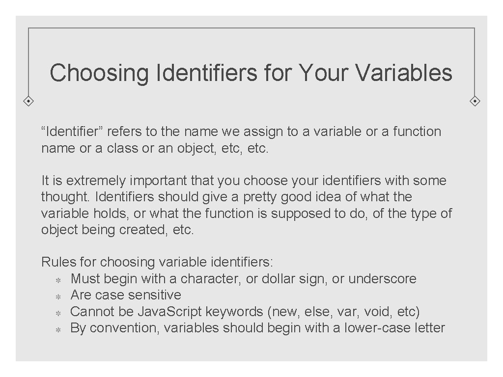 Choosing Identifiers for Your Variables “Identifier” refers to the name we assign to a