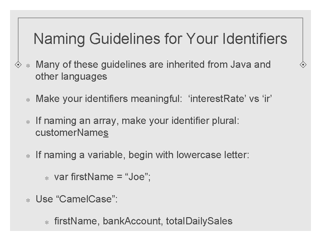 Naming Guidelines for Your Identifiers Many of these guidelines are inherited from Java and