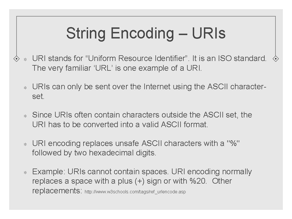 String Encoding – URIs URI stands for “Uniform Resource Identifier”. It is an ISO