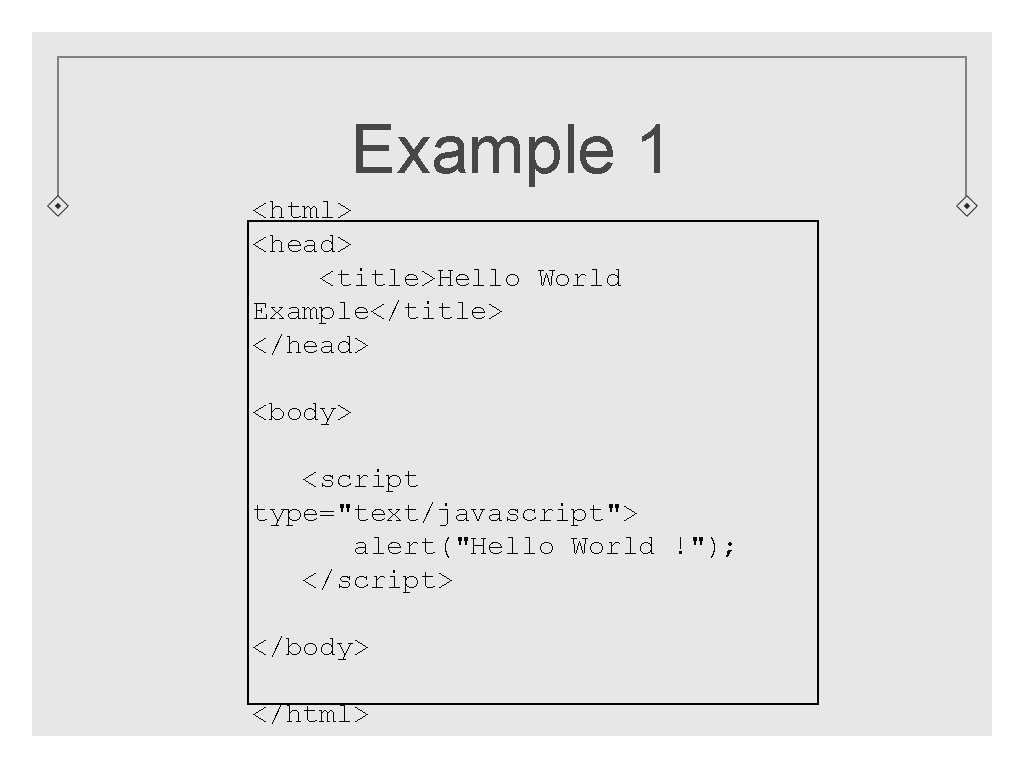 Example 1 <html> <head> <title>Hello World Example</title> </head> <body> <script type="text/javascript"> alert("Hello World !");