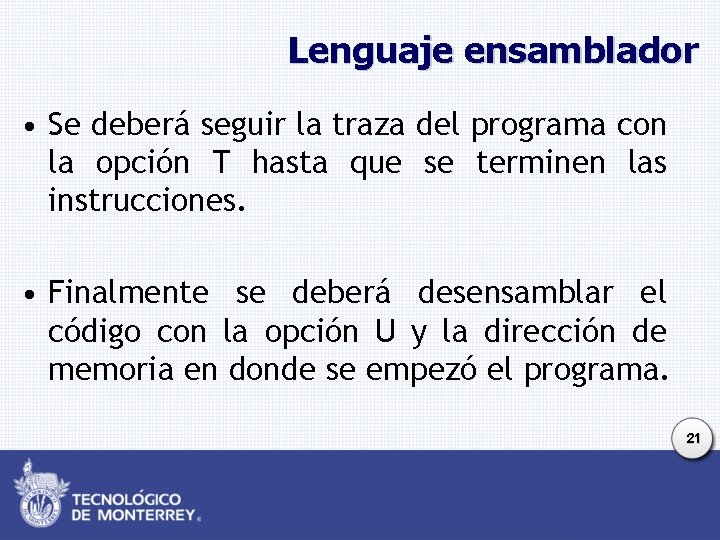 Lenguaje ensamblador • Se deberá seguir la traza del programa con la opción T