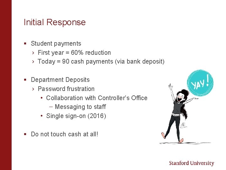 Initial Response § Student payments › First year = 60% reduction › Today =