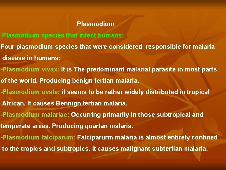 Plasmodium species that infect humans: Four plasmodium species that were considered responsible for malaria