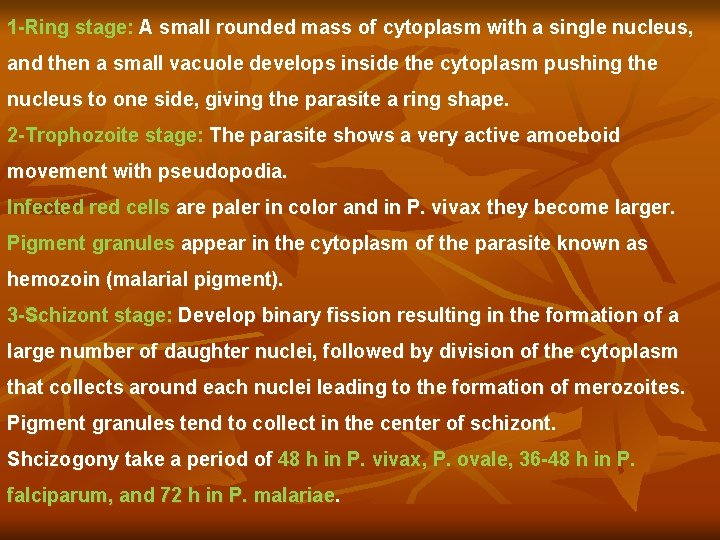 1 -Ring stage: A small rounded mass of cytoplasm with a single nucleus, and