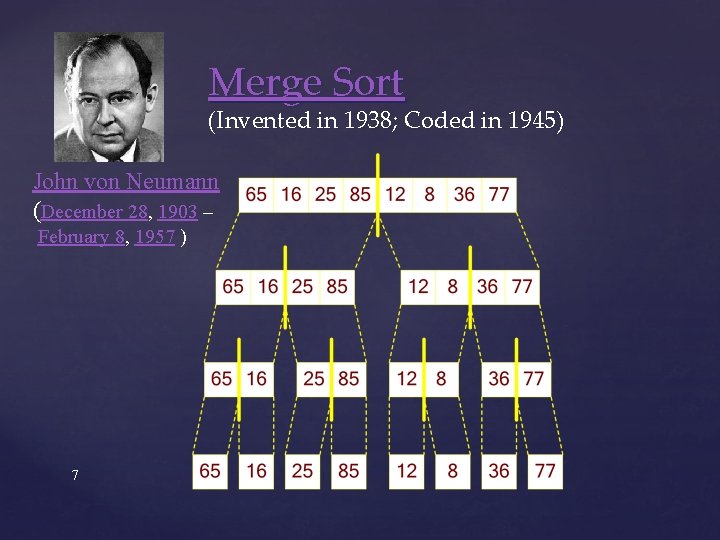 Merge Sort (Invented in 1938; Coded in 1945) John von Neumann (December 28, 1903